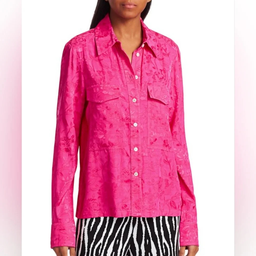 STAUD Alyssa Pink Button Down Blouse Floral Collared Shirt Hot Pink XS